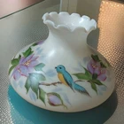 RARE ANTIQUE VICTORIAN SATIN MILK GLASS LAMP SHADE HAND PAINTED BIRDS/FLOWERS