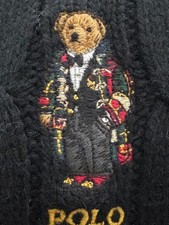 Polo Ralph Lauren Embroidered Tuxedo Teddy Bear Wool Blend Cable Knit Scarf NWOT
