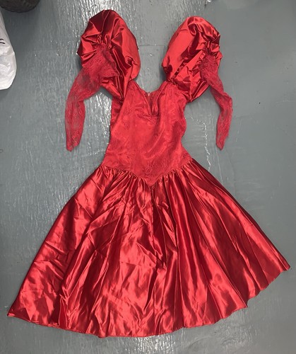 STUNNING Vintage 1980’s Red Satin & Lace Handmade Dress Long Lace Sleeves - Picture 1 of 17