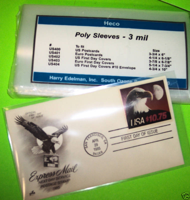 FIRST DAY COVER POLY SLEEVES FOR #6 COVERS, 3 MIL HECO SAFE-T #US402, PKG 100