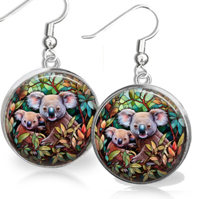 Mom & Baby Australian Koala Bear Digital Art Print Gift Earrings .925 Sterling
