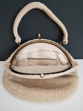 Vintage Lumured Corde' Beaded Purse Ivory With Rhinestone Clasp