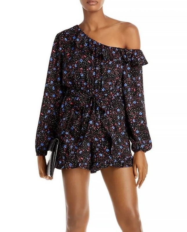 Aqua NWT One Shoulder Floral Romper Black Multi Small New with Tags Retail $78