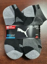 10 Pairs Puma Men's No Show Socks Black / Gray Shoe Size 6-12 Cool Max Coolmax