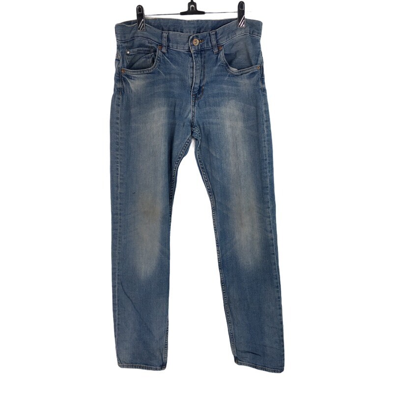 H M Girls Straight Leg Jeans Blue Slim Fit Pockets Whiskered Stretch  12-13 Y