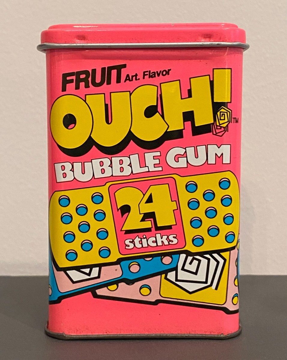 Vintage 90s OUCH! Fruit Flavor Bubble Gum Metal Tin Neon