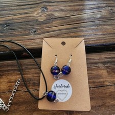 Handmade Blue bead with gold accent Necklace and Earring set