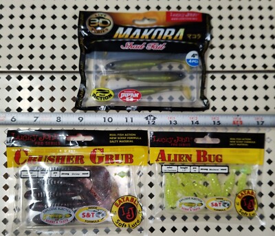 11-24 Lot of 3 Lucky John Soft Plastics Makora Shad Tail Crusher Grub Alien Bug