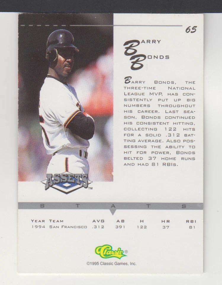BARRY BONDS : MLB - 1995 - CLASSIC ASSETS - CARD # 65 - Image 2 of 2