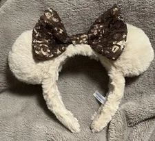 Japan Tokyo Disney Resort Store Ears HeadBand Hat Sequins Fluffy Beige