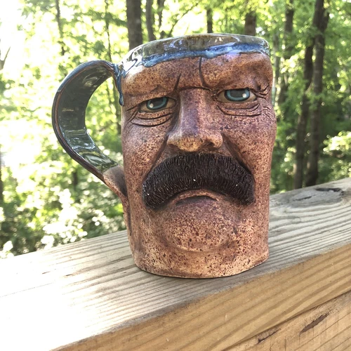 Pottery Mug 3D Man With Mustache HandCrafted Studio Art 5.5 inches Tall Signed