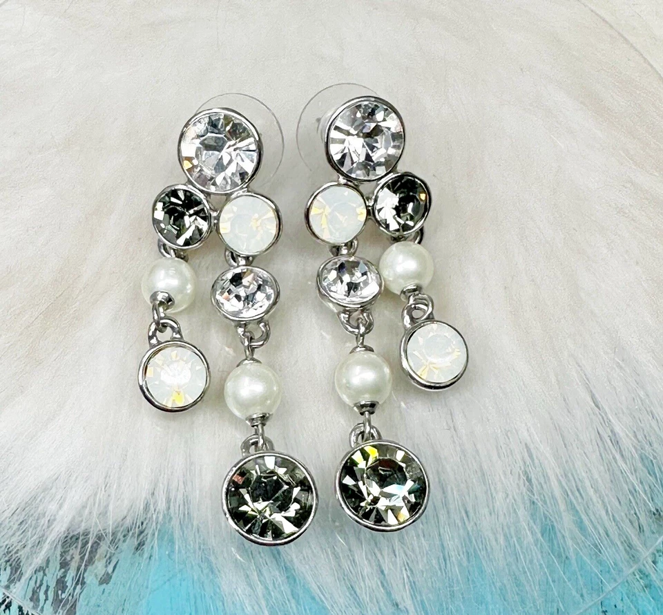 Pendientes Givency Cristal Vidrio Perla Doble Fila Pierce Cuelga Poste Gota Foto 3 de 4