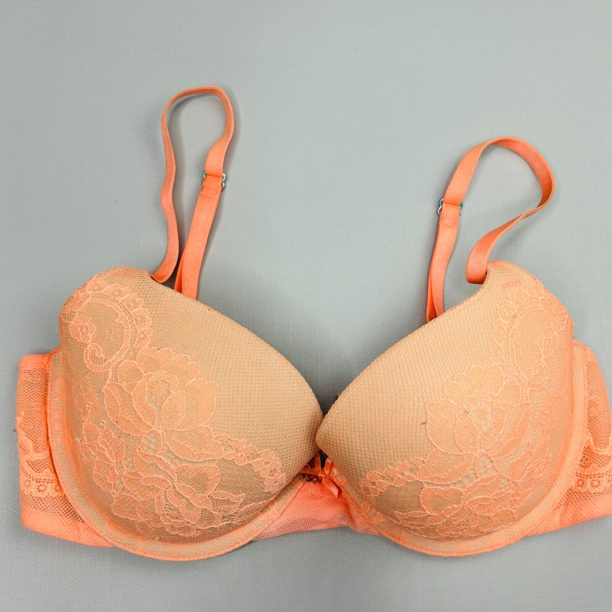 Victoria Secret Lined Demi Bra 32D Orange Lace Cup Underwire