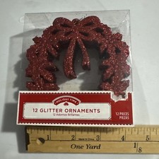 NEW 12 PK Christmas Glitter Ornaments Red Sparkle Wreath
