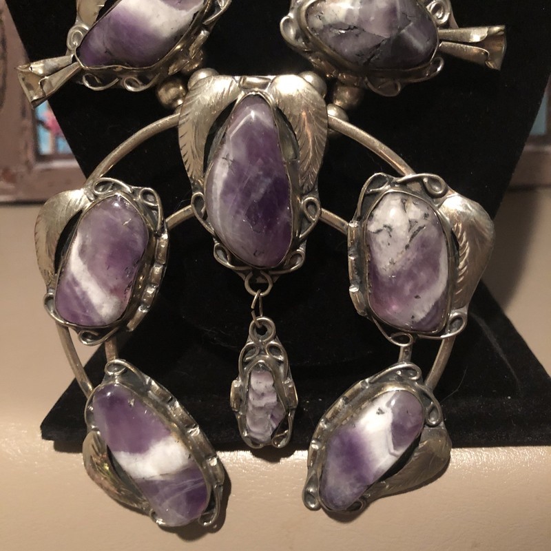Native Jeweler  Coin Silver (.900) & Genuine AMETHYST Squash Blossom Necklace