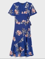 Banana Republic Floral Wrap Dress Womens Size 2 Blue Flutter Sleeve