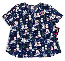 Scrubstar Womens Indigo Penguins  Snowmen Holiday Stretch Top Whimsical 2XL