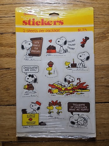 Pegatinas de chocolate Scratch N Sniff vintage nuevas de stock sello cacahuetes Snoopy Woodstock
