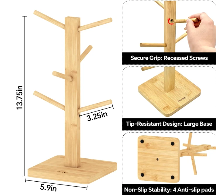 Mug Holder Tree 6-Hook Coffee Cup Rack with Anti-Slip Base Multi-Purpose - Image 2 of 4