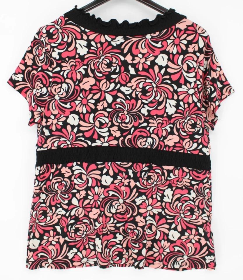 Blusa floral Merona para mujer 16W 18W negra rosa con volantes cuello en V elástica Plus Foto 2 de 4