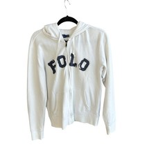 Polo Ralph Lauren Hoodie Sweatshirt White Distressed Logo Full Zip Unisex Medium