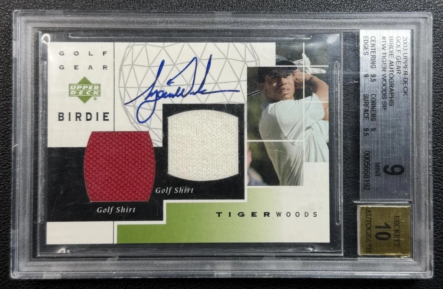 TIGER WOODS BGS 9 2003 UPPER DECK GOLF GEAR BIRDIE RED SHIRT DUAL RELIC 10 AUTO view 3