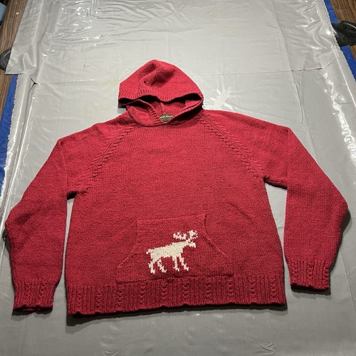 Woolrich Knit Sweater Women's Large Red Moose Pullover Hoodie Pocket Vtg