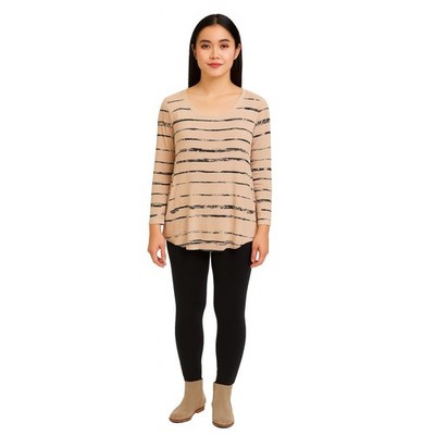 NWT Philosophy Beige Black Stripe Stretch Top Long Sleeve Scoop Neck Sz L