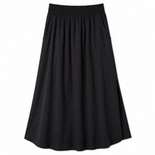 Women  s Smocked Waist Maxi Skirt Black with Side Slit  Pockets Size Medium