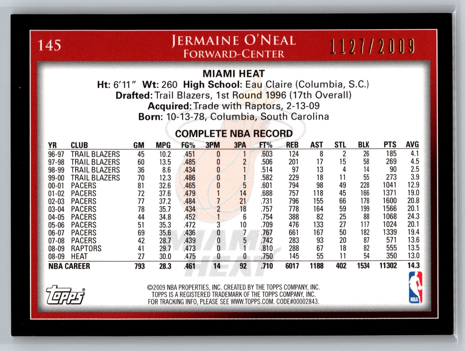 Jermaine O'Neal 2009-10 Topps Gold Parallel /2009 #145 Miami Heat - Image 2 of 2