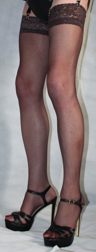 Ex Long Size Barely Black (BROWN) 10Denier Luxury Lace Top Semigloss Stockings - Picture 13 of 18