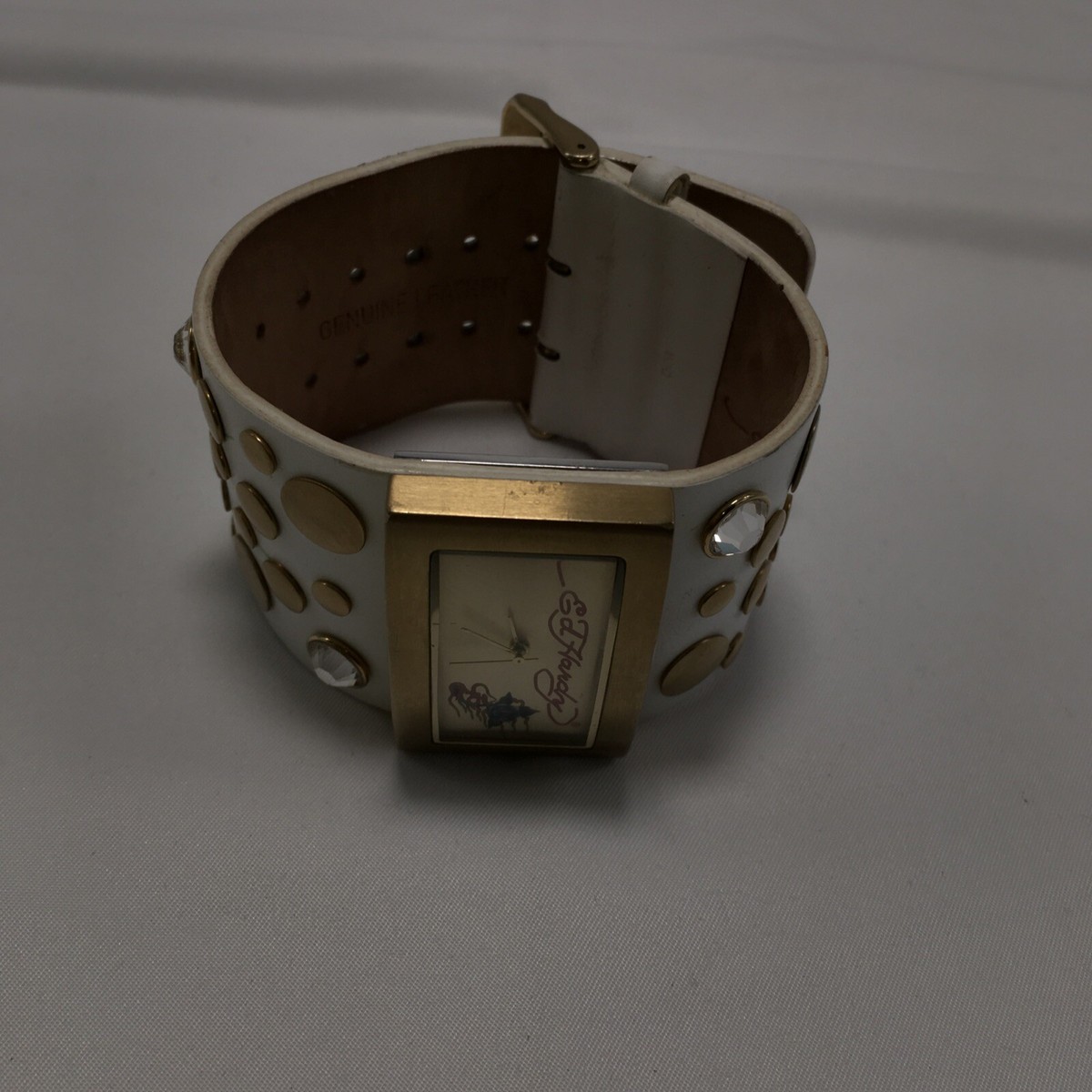 ED HARDY Wristwatch Geisha Print White Leather Strap w/Studs