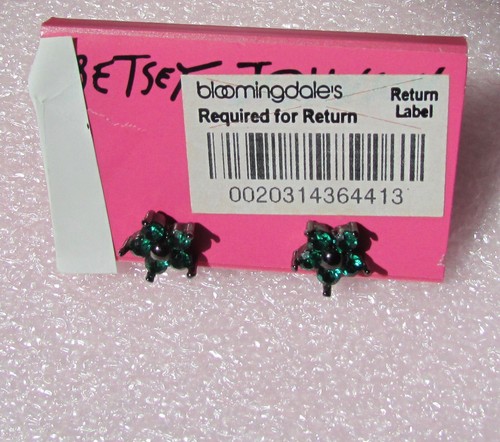 Betsey Johnson Stud Earrings Flower Green Crystal Hematite New Vintage - Picture 4 of 10