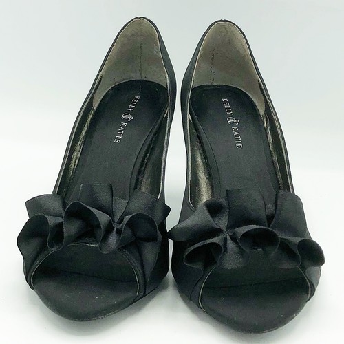 Kelly & Katie Satin Heel Peep Toe Black Womens 6.5 - Picture 2 of 8
