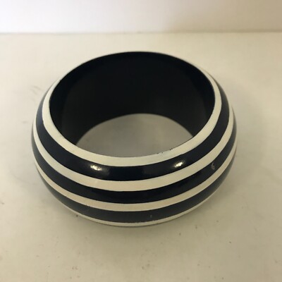 Striped Navy Blue Wide Bangle Bracelet Painted 2.5'' Opening Some Paint Chips