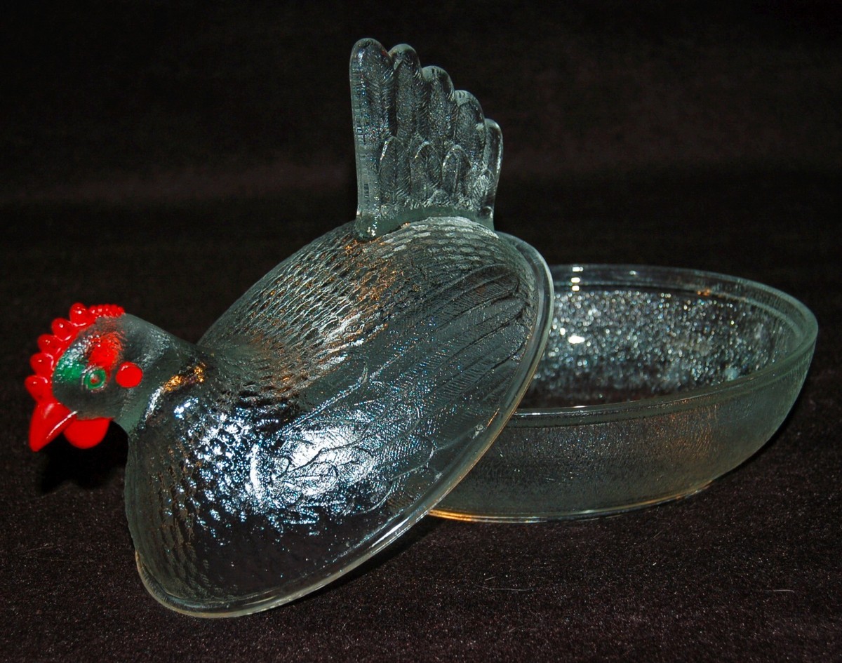 VINTAGE INDIANA GLASS Clear Rooster Hen on a Nest 1940's