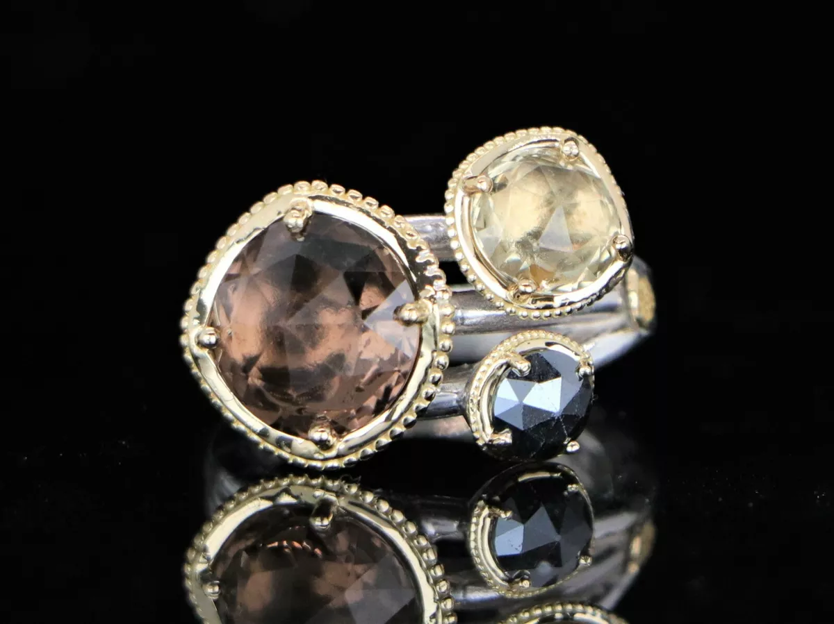 Tacori Silver 18K Yellow Gold Hematite Smoky Quartz Ring Budding Brilliance 5.25