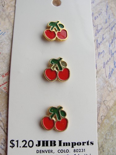 Vintage JHB Buttons 1980's Cherries 3 NOS Metal Enamel Paint Gold Red Green NOV