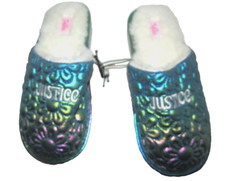 NEW, JUSTICE Girls Size 2/3, Blue/Green/Purple Slippers, White Faux Fur Lining