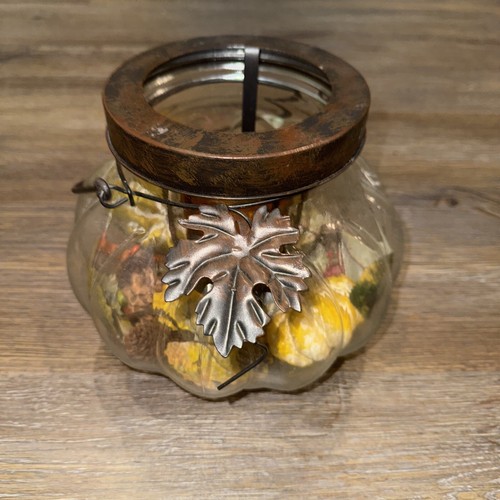 Autumn Pumpkin Glass Decorated Candle Lantern, With Metal Accents - Picture 1 of 24