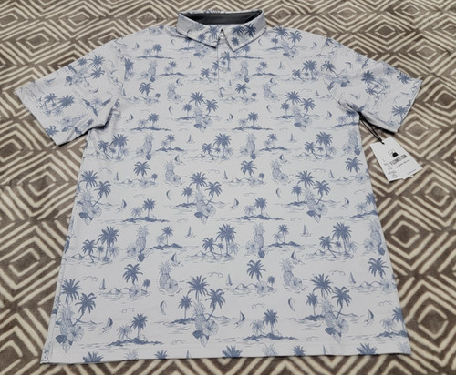Flomotion Tropical Trailwinds Polo Shirt Men L Stretch Floral Palm Trees Golf