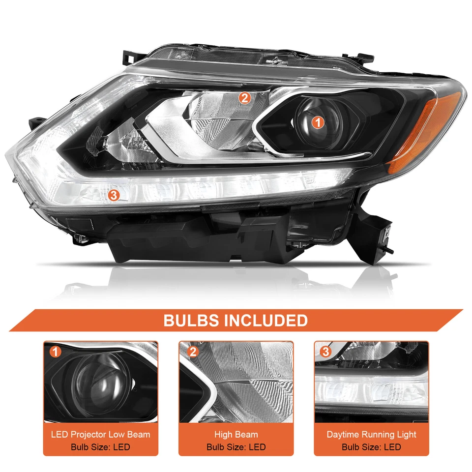 For 2014 2015 2016 Nissan Rogue Projector Headlights w/LED DRL Left Driver Side - Изображение 3 из 4