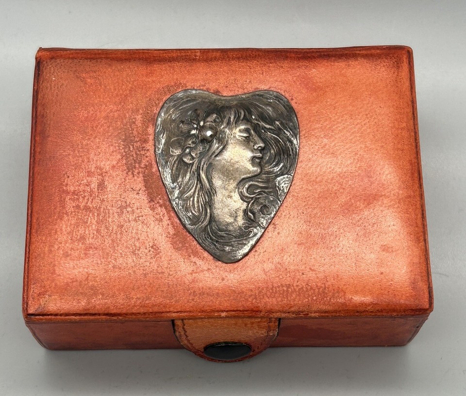 Art Nouveau Silver Flowing Hair Lady Mounted Empty Italian Leather