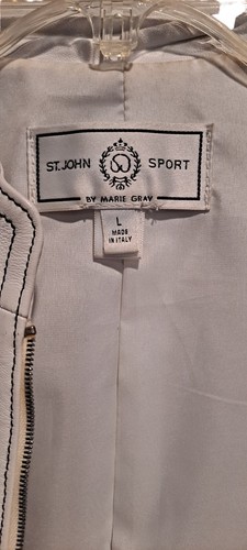 St. John White Leather Zippered Jacket SIZE LARGE Contrast Stitching - Picture 10 of 12