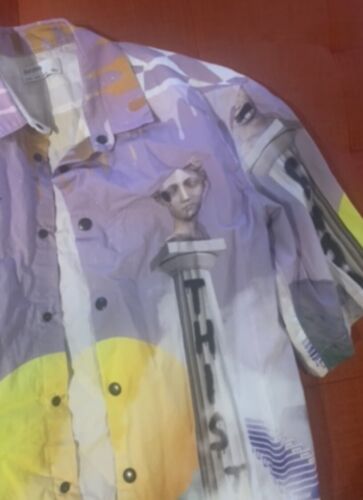 BERSHKA Camicia Uomo Oversize Stampata Top Multi Lilla Giallo Street Medium M - Foto 7 di 7