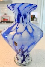 Large 13" Tall Blue White Mottled Heavy Blown Art Glass Vase