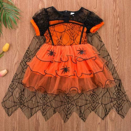 SIZE 2/3 LITTLE GIRLS HALOWEEN SPIDER WEB DRESS ORANGE/BLACK W/CAPE | eBay