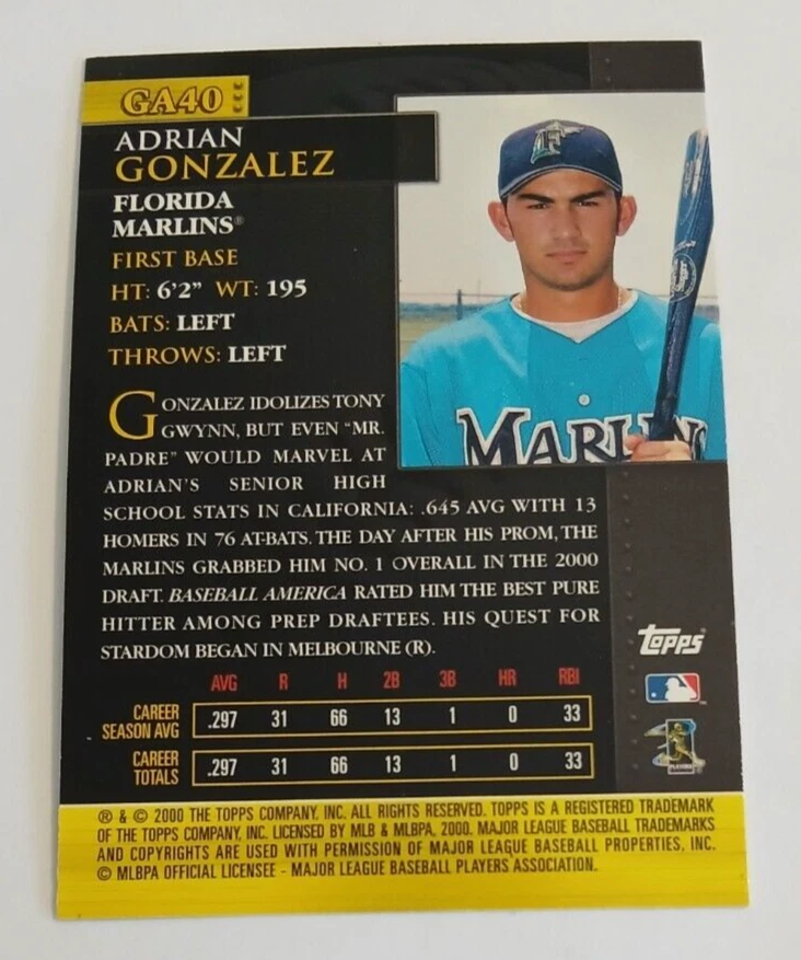 2001 Topps Chrome Golden Anniversary Adrian Gonzalez #GA40 Florida Marlins - Image 2 of 3