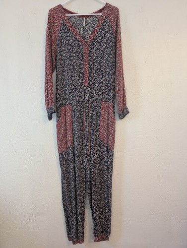 Free People Leia Floral Jumpsuit Long Roll Tab Sleeve Size Small Patchwork Boho - Picture 7 of 7