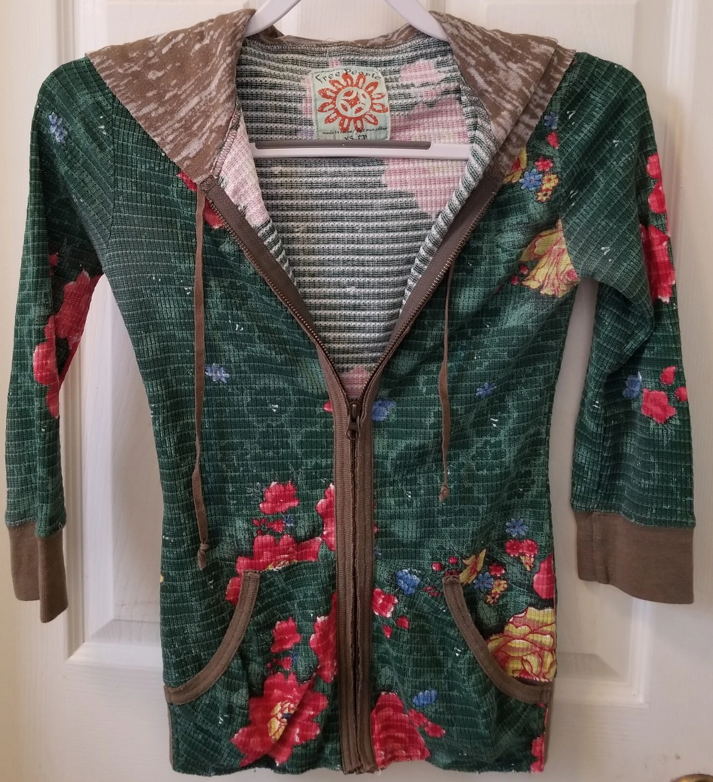 Free People Lightweight Thermal Zip Up Hoodie Green w. Multi Floral/Brn Trim XS